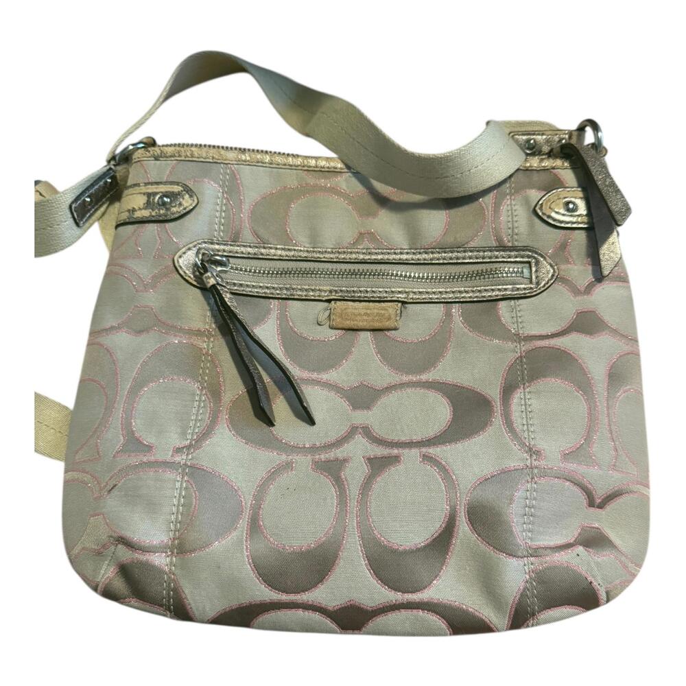 Coach Daisy Metallic Signature Crossbody F23913, Canvas Strap & Pink Lining